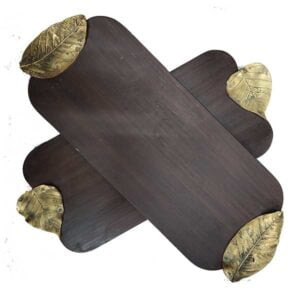 wooden platter with brass leaves